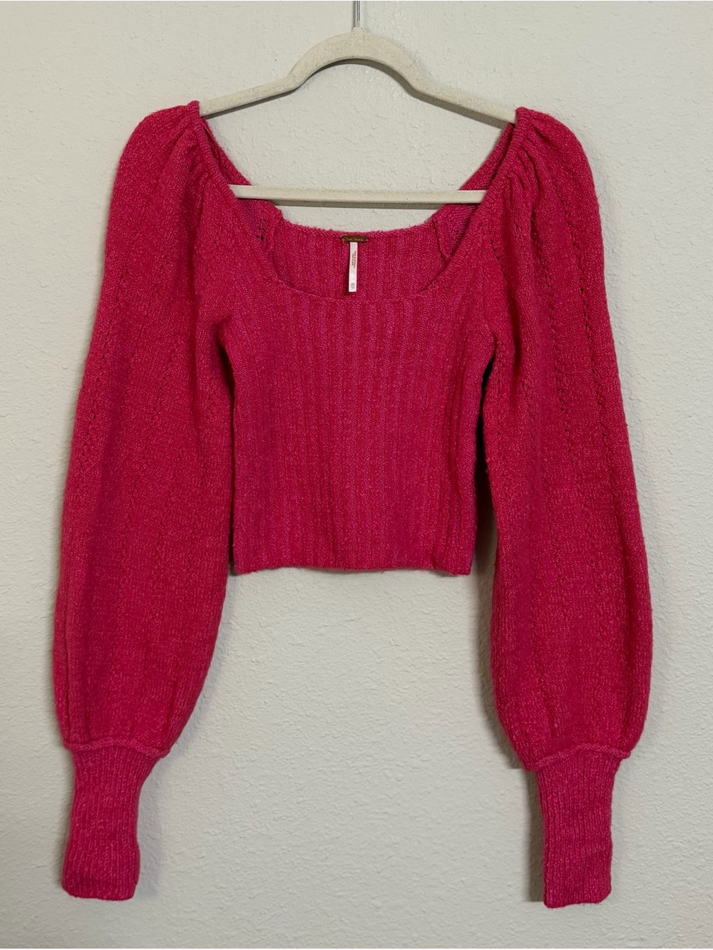 Free People Katie Hot Pink Ribbed Knit Balloon Sleeve Sweater Top XS